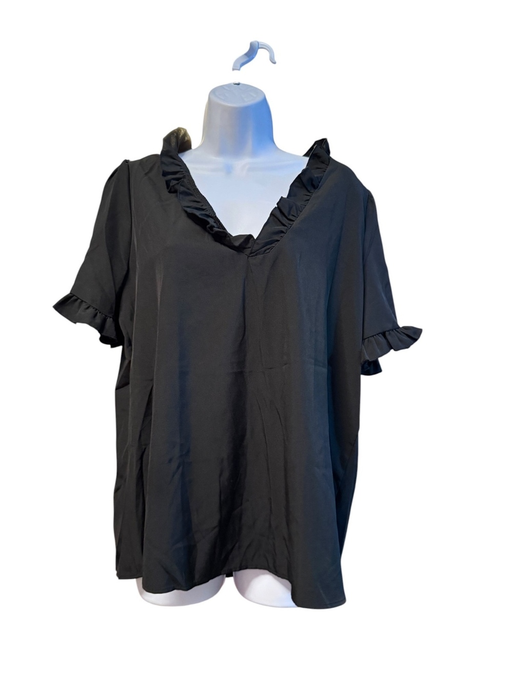 Black Ruffle Trim V-Neck Blouse